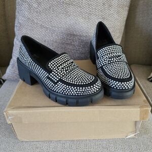 Madden NYC Rhinestone Lug Sole Penny Studded Black Chunky-Heel Loafers - Women's